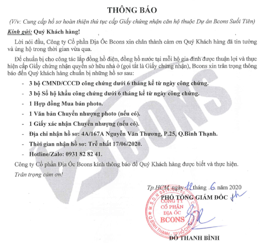 giấy chứng nhận Bcons Suối Tiên