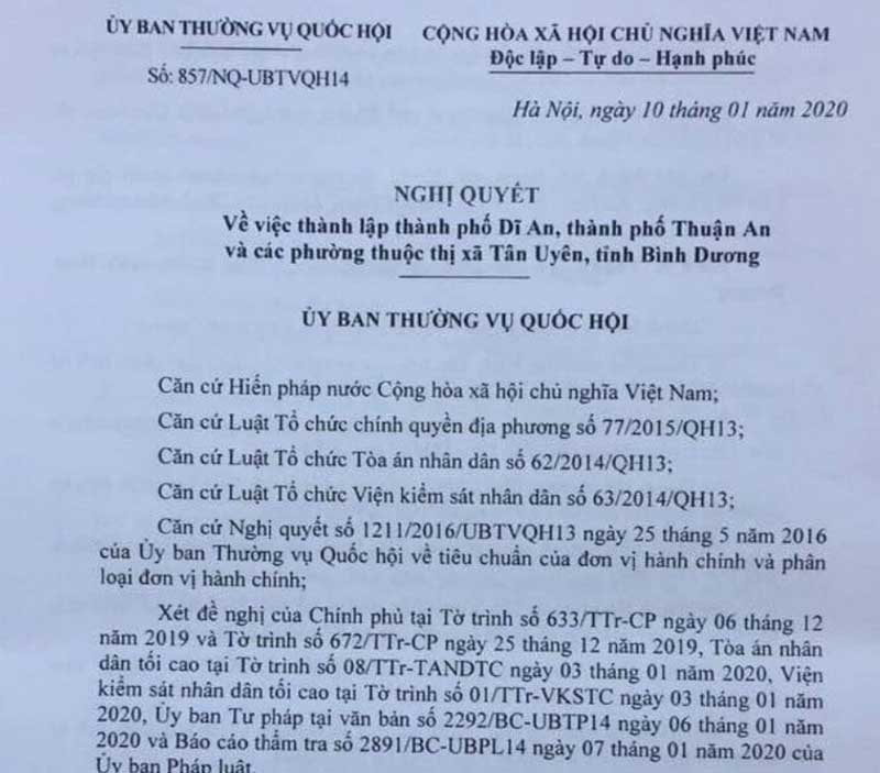 nghị quyết dĩ an lên thành phố