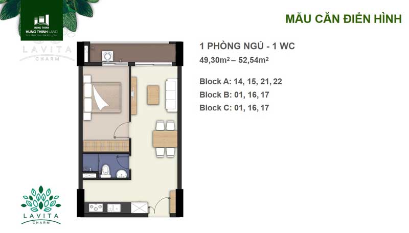 thiết kế căn 1 phòng ngủ lavita charm thủ đức