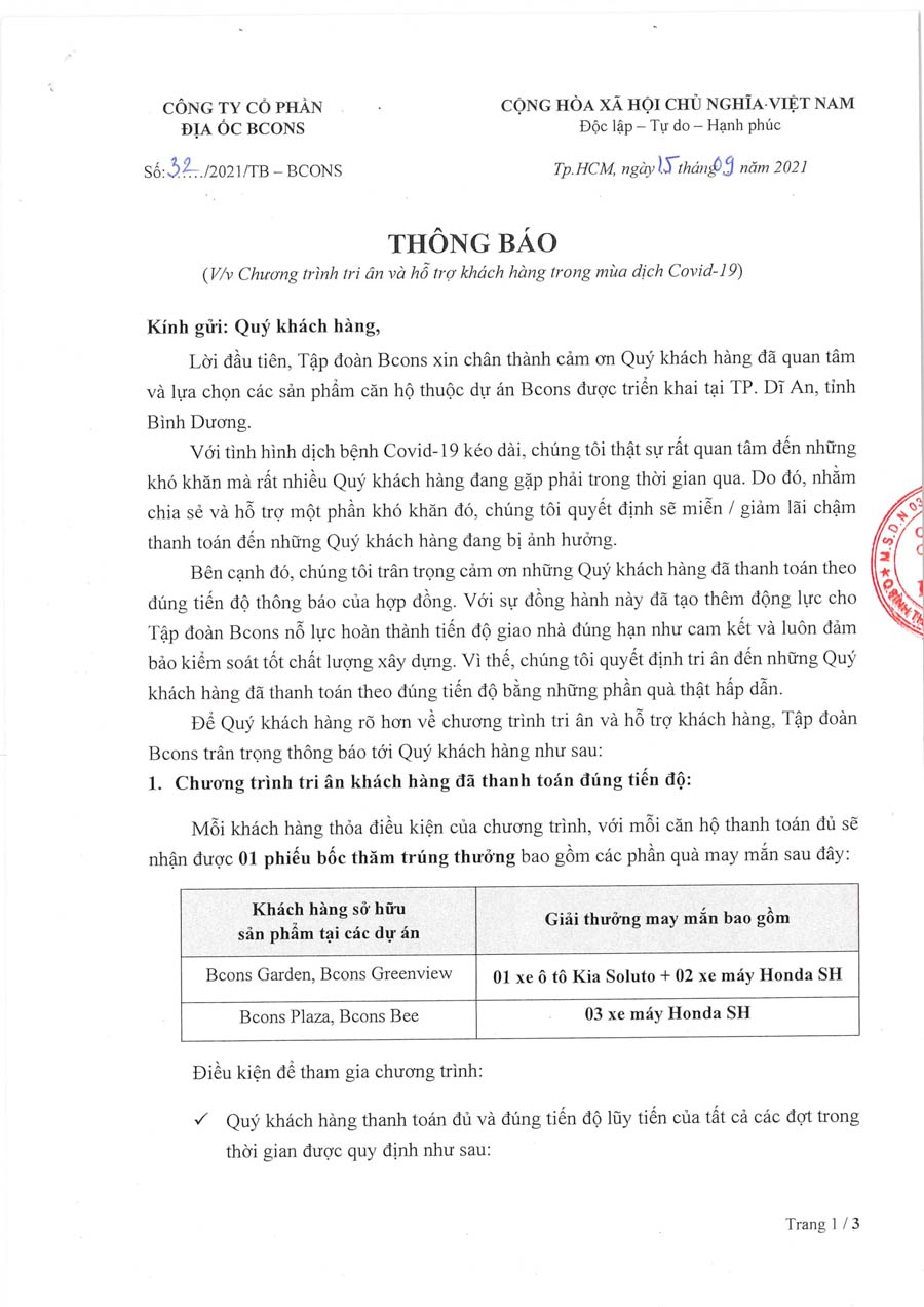 BCONS thông báo chương trình tri ân và hỗ trợ khách hàng mùa dịch Covid-19